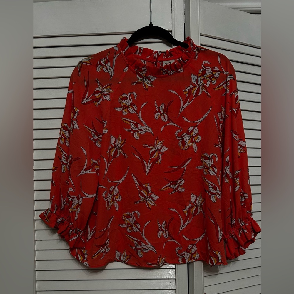 Worthington Red Floral Blouse with Ruffle Trim